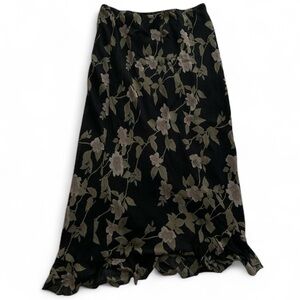 Black Silk Floral Midi Slip Skirt with Ruffled Hem Size 12